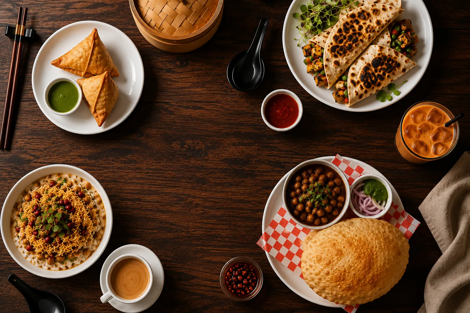 Samosa Chaat and vegetarian Indian street food served at Cafe Junoon in Cornerstone, Calgary