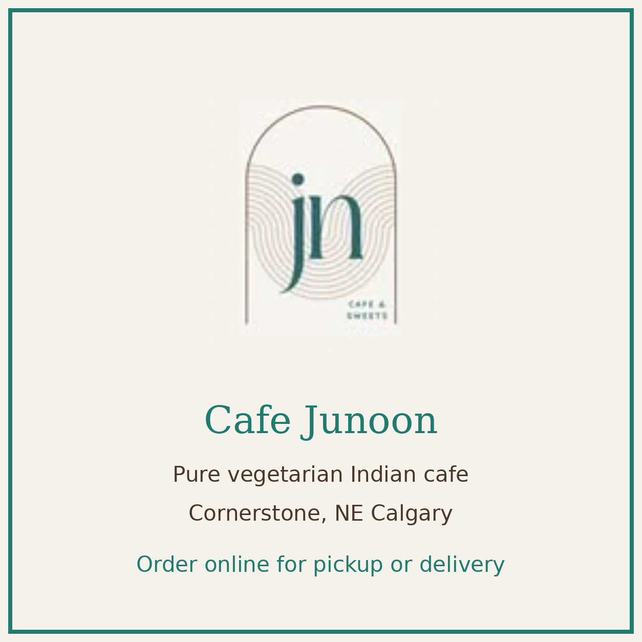 Cafe Junoon offer — pure vegetarian Indian food in Cornerstone, NE Calgary