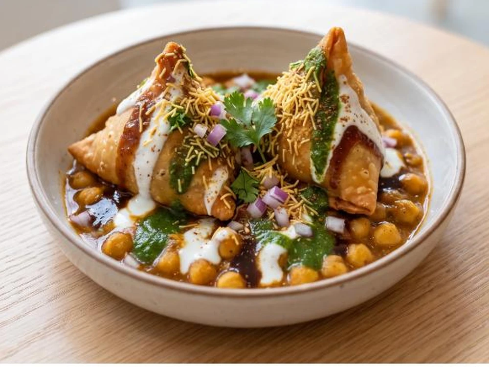 Samosa Chaat at Cafe Junoon, a pure vegetarian Indian cafe in Cornerstone, NE Calgary